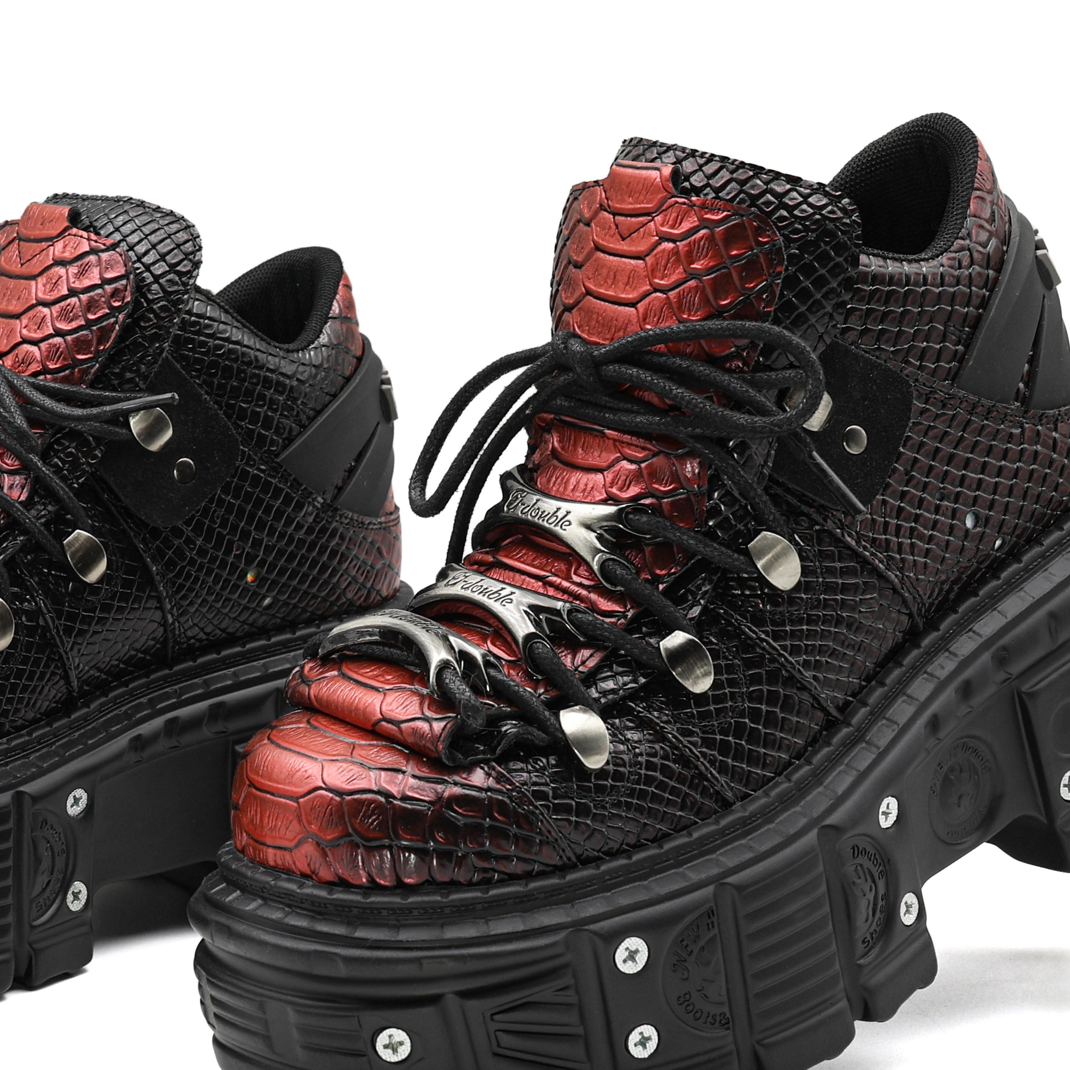 Height-Increasing Women's Summer Punk Shoes Thick-Soled, High-Tops in Elegant Wine Red & Snake Print