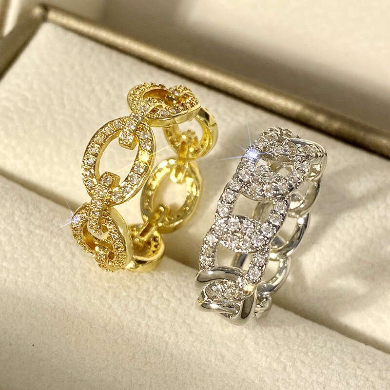 DHCollections Geometric Micro-Pave Ring - 18K Gold/Rhodium Plated Circular Statement Ring with Zircon Stones (US Size 6-10)