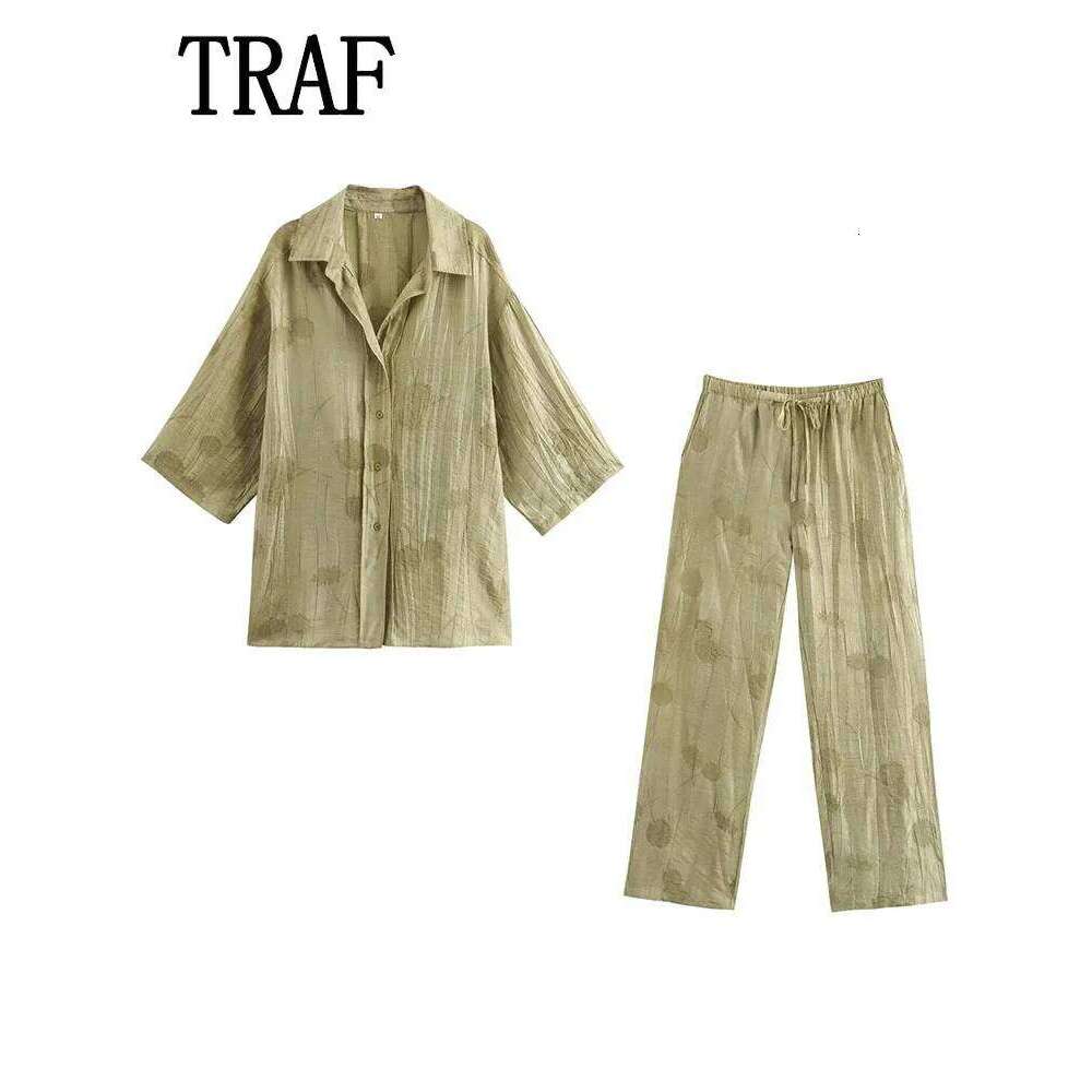 hoodie Women's Wear Print Long Sets For Women Lapel Half Sleeve Single Breasted Shirts + High Waist Lace-Up Wide Leg Pants jacket