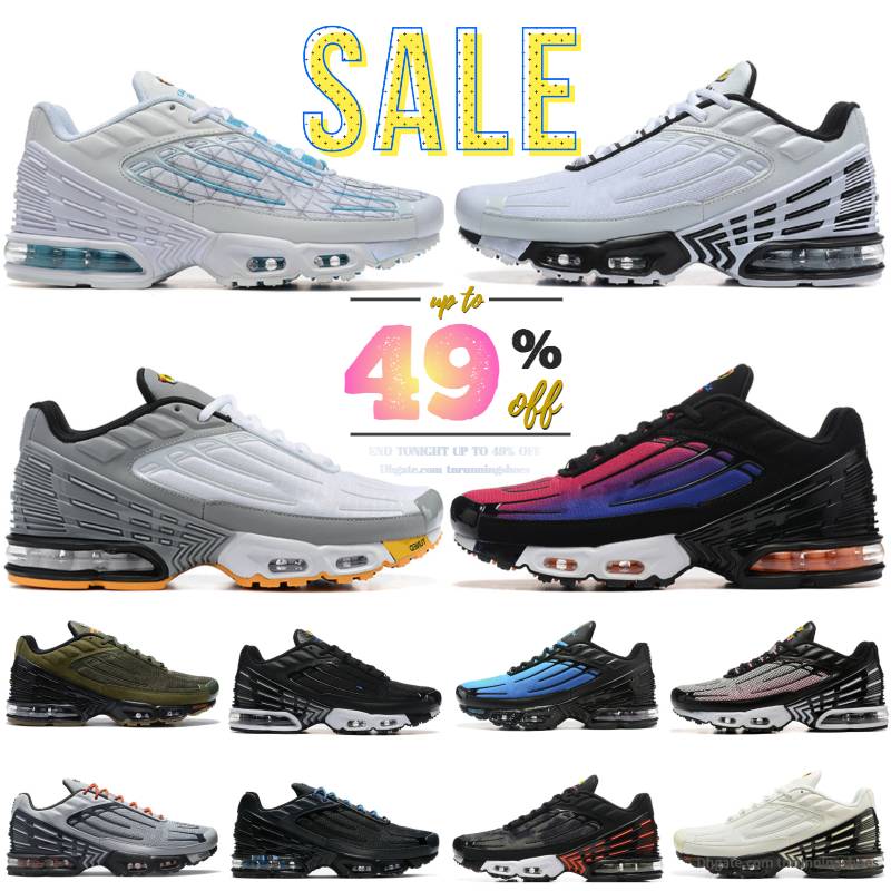 Tuned Plus 3 Running Shoes Mens Tn og Triple White Black White Aquamarine University Blue Radiant Red Olive Orange Sunset Pulse Light Bone Obsidian Trainers Sneakers