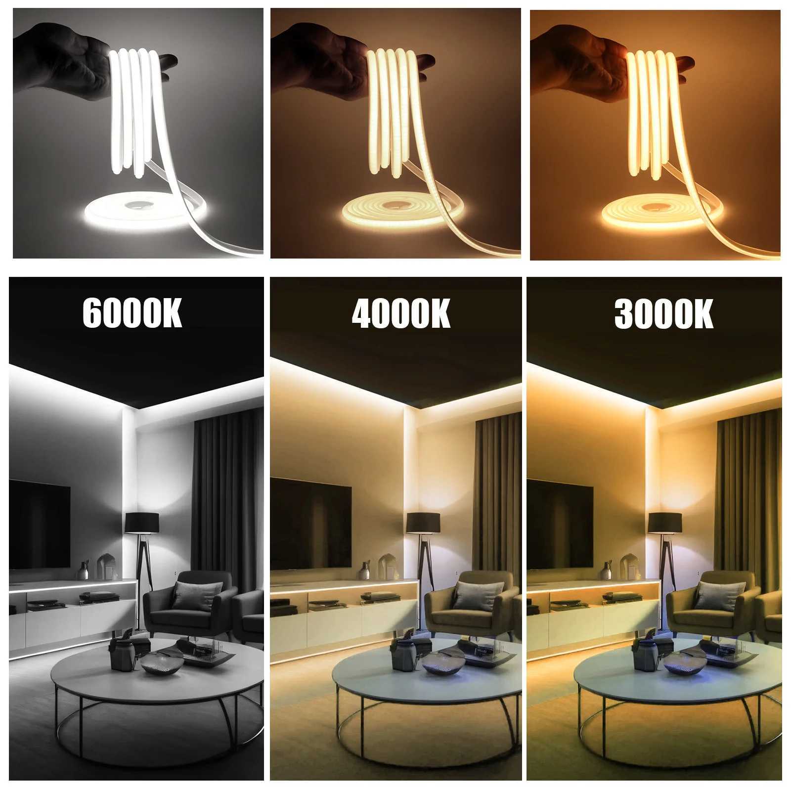 AC 110V 220V COB LED Strip Waterproof EU UK US Kit 3000K 4000K 6000K Garden Home Decor High Bright Flexible Ribbon Neon Light W250701