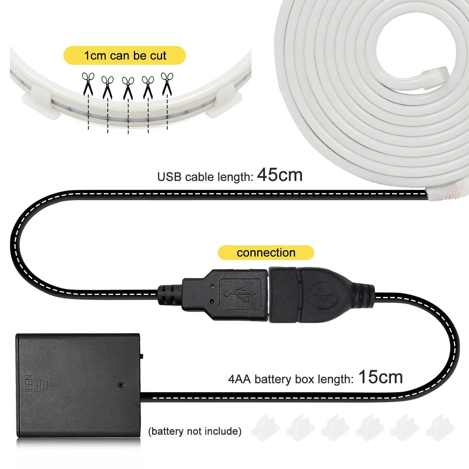 USB LED Strip Light with Battery Box DC5V Flexible Neon Sign Waterproof LED Ribbon Tape Flex Neon Rope Light for Home Decoration W250701