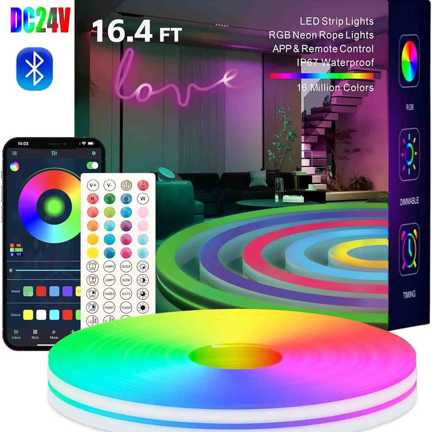 10M 20M 30M LED RGB Neon Flexible Light Strip DC 24V Smart Bluetooth APP Music Waterproof LED Light Strip Set For Swimming Pool W250701