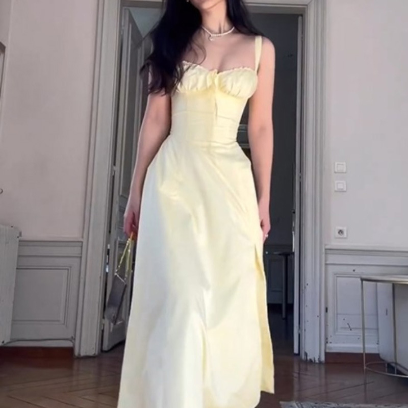 F72Popular square neck pleated mesh splicing fluffy short sleeve dress