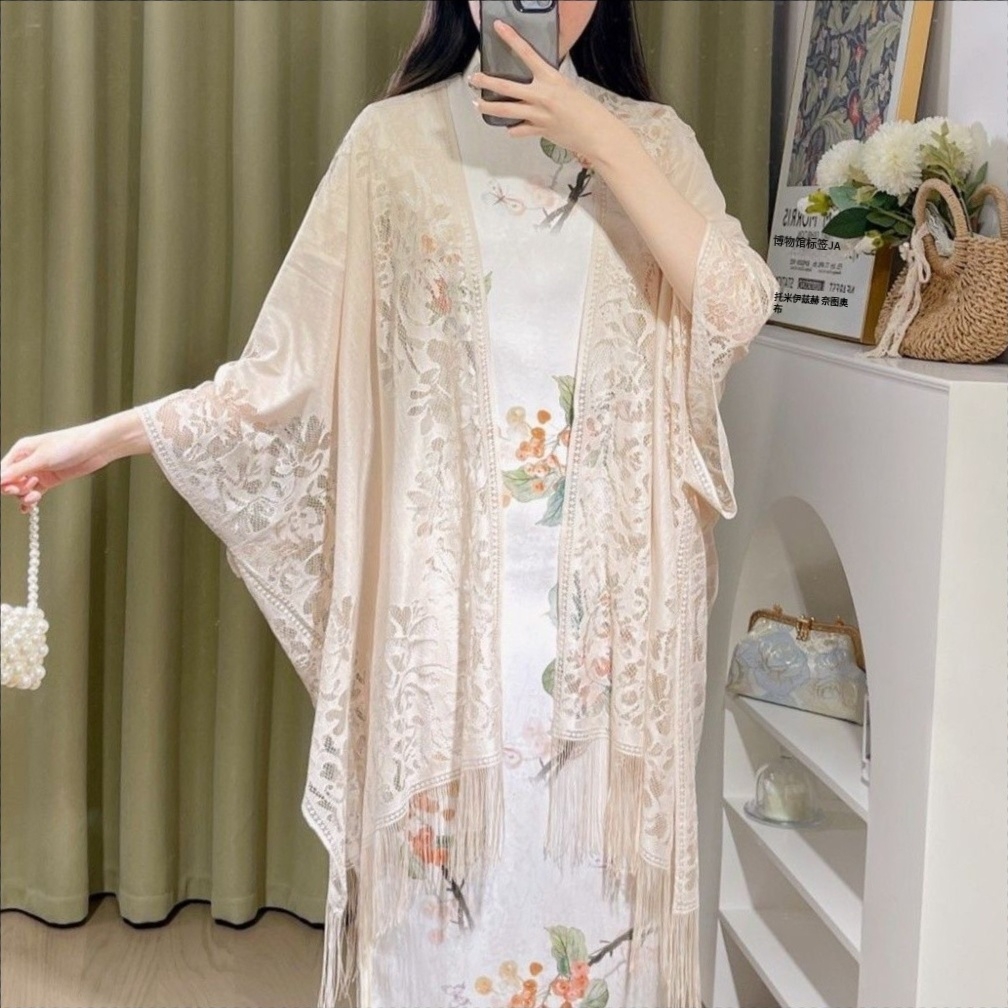K1198 Chinese cheongsam shawl women's new style outerwear cardigan spring and summer thin temperament lace hollow tassel ancient style shawl