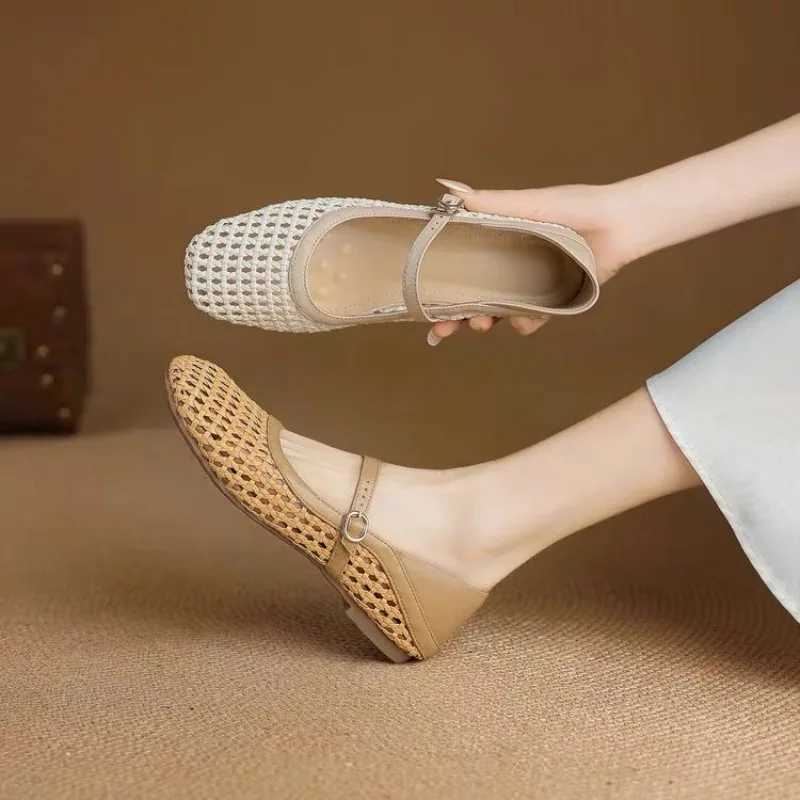 Woven Cutout Flat Single Shoes Womens Summer New Square Toe Shallow Mouth One Strap Soft Sole Mary Jane Sandals M250702