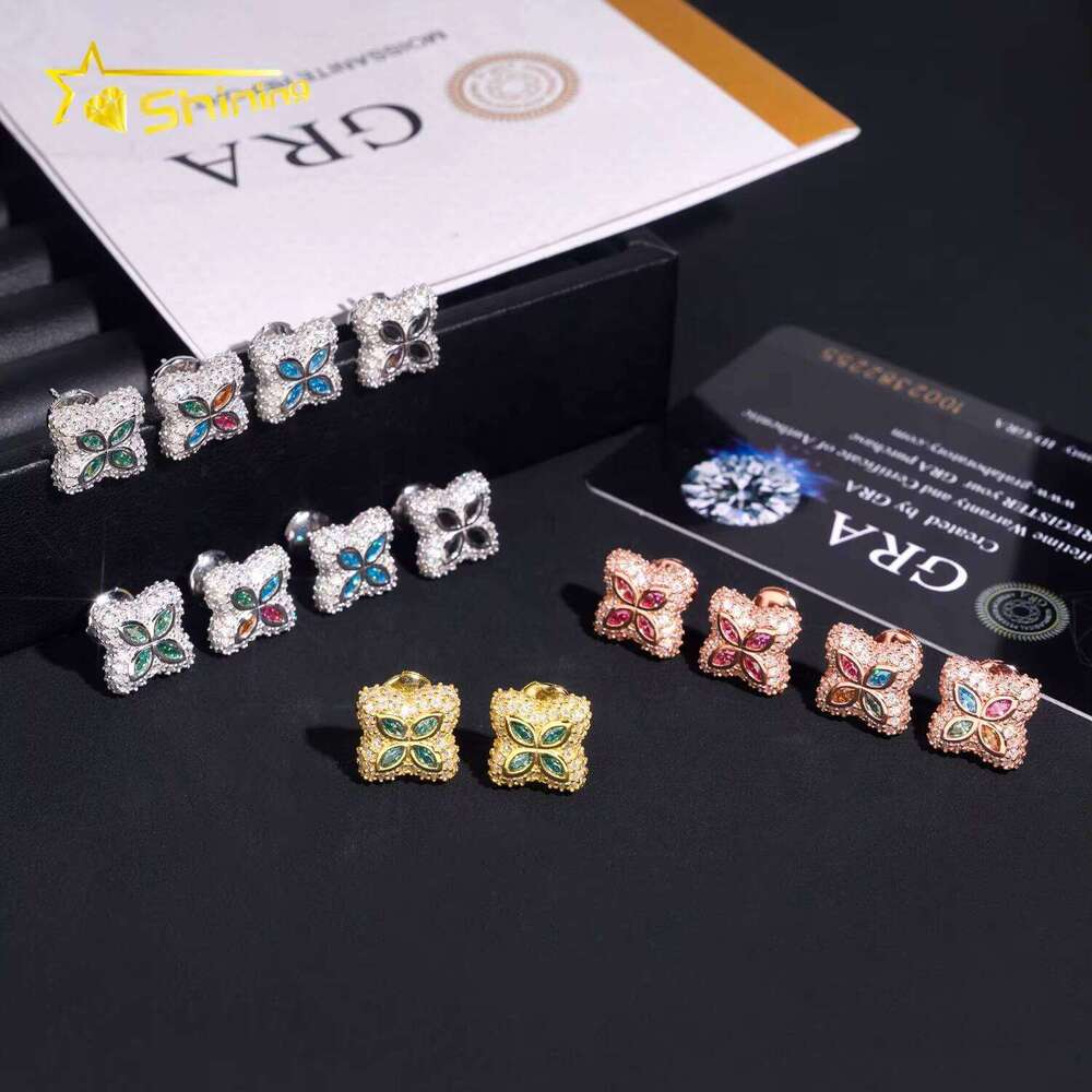 New Hip-Hop Men's Ice Cold Pure Sier Flower Multicolor Marquise 15mm Sandstone Earrings