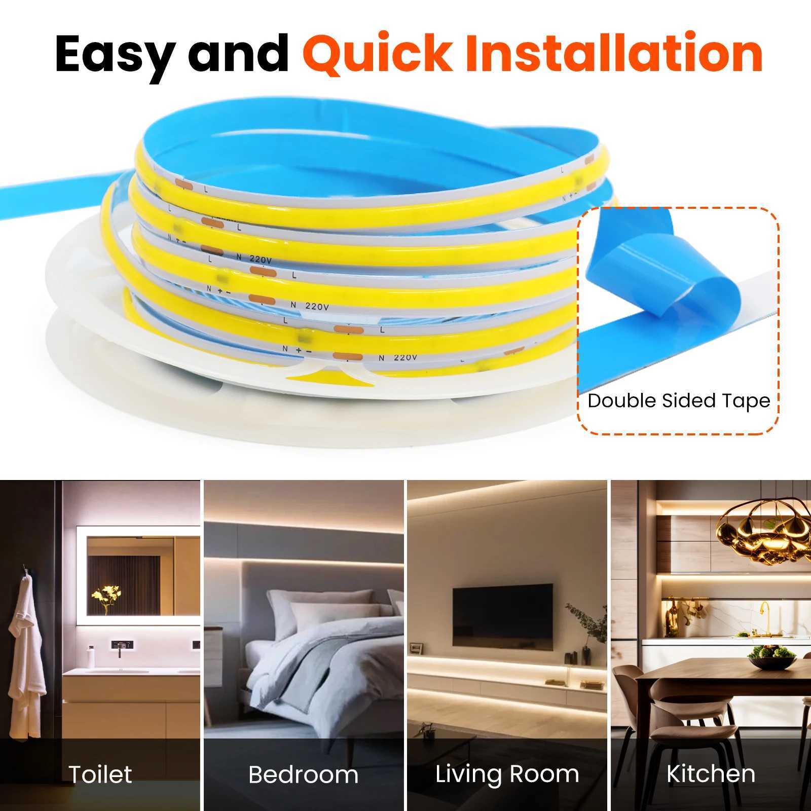 220V 8mm PCB COB LED Strip Light 240LEDs/m Warm Natural White Ribbon Rope Light Adhesive Tape Linear Dimmable 5m 10m 15m 20m 50m W250701