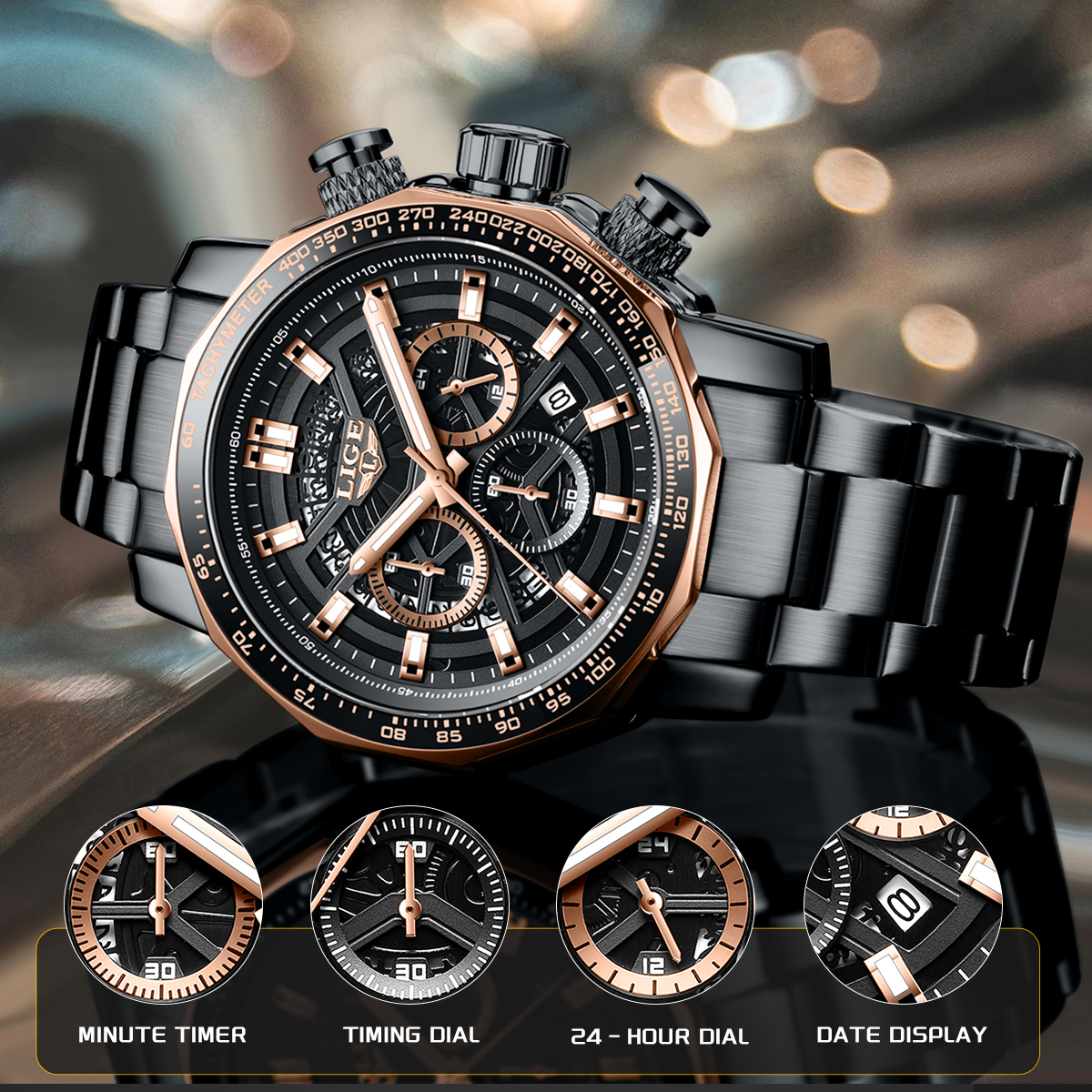 LIGE Men's Quartz Watch Waterproof Watch Top Brand Men's and Women's Universal Style Square Case Fashion Business Watch Holiday Gift Te