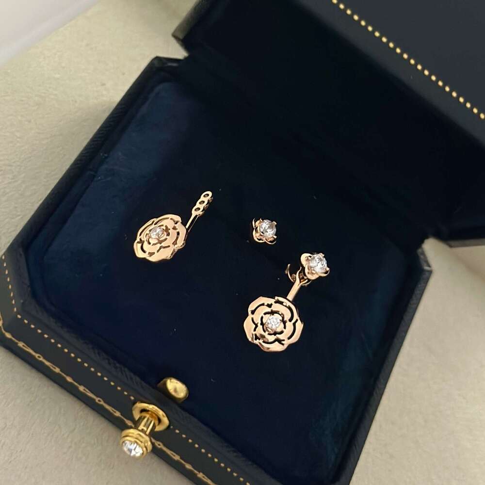 DHcollections S925 Rose Gold Camellia Earrings - Luxury Sterling Silver Floral Studs with Zirconia for Women | Elegant Flower Ear Jewelry