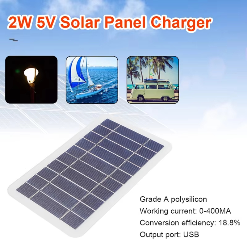 Solar Panel USB Charger 2W 5V Mini Portable Outdoor Battery Mobile Phone Charging Power Bank For Hiking Camping Hiking Outdoor Backpack Emergency Gene