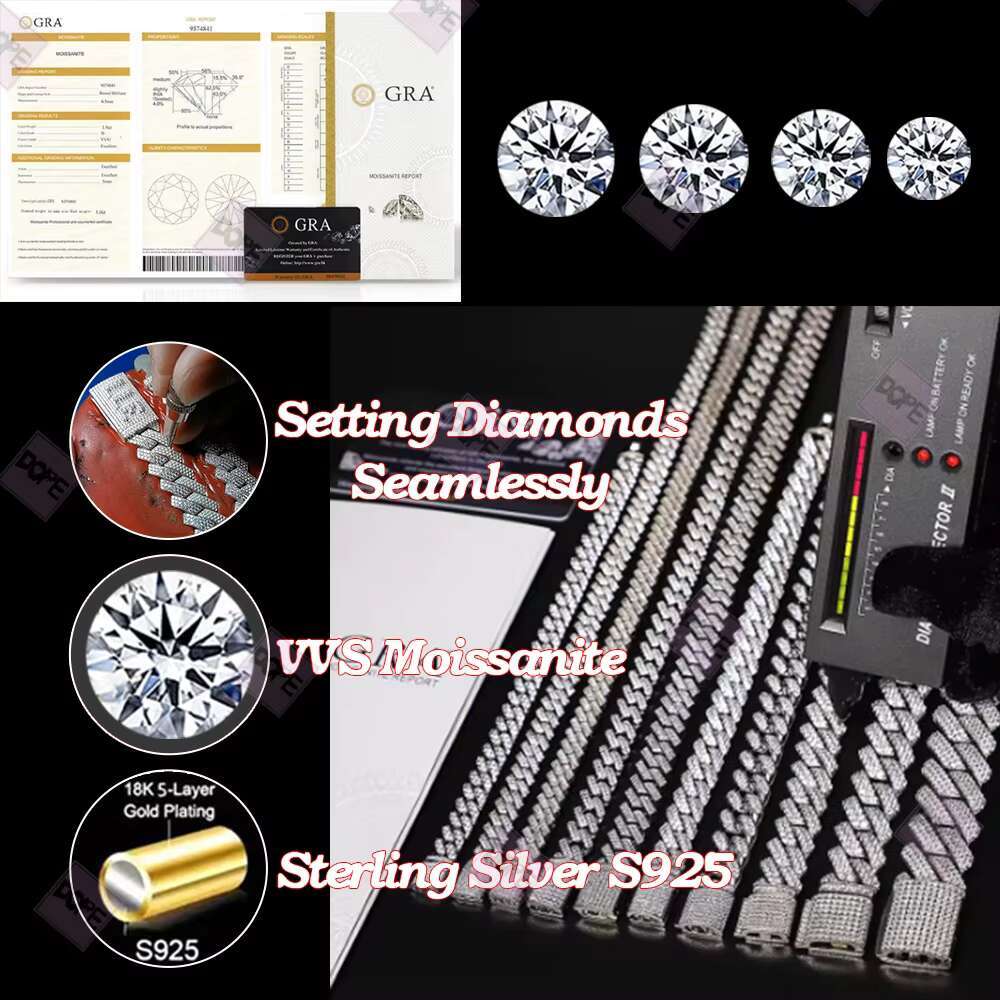 Stock 10mm Moissanite Chain 925 Sterling Silver Gold Plated VVS Iced Out Moissanite Cuban Chain