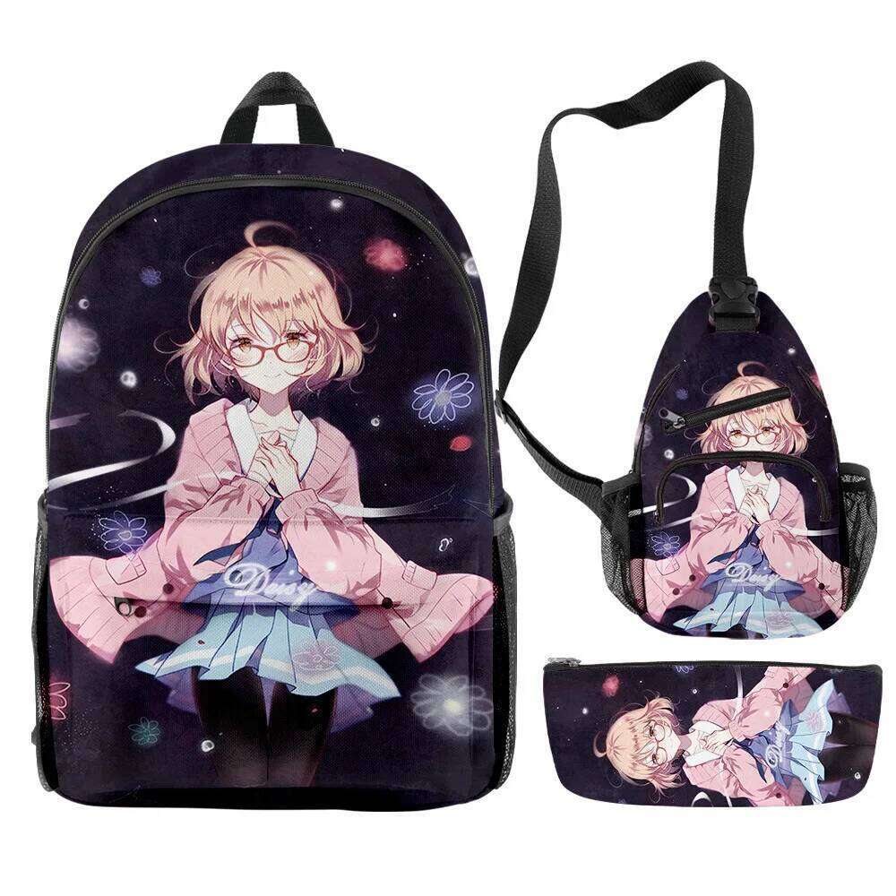 Novelty Cool Beyond the Boundary 3D Print 3pcs/Set pupil School Bags Travel Laptop Backpack Chest Bag Pencil Case
