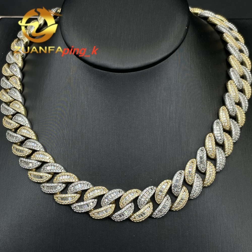 High Quality Hip Hop Jewelry 15mm Miami Style 925 Silver Bagettes Iced Out Moissanite Cuban Link Chain Necklace