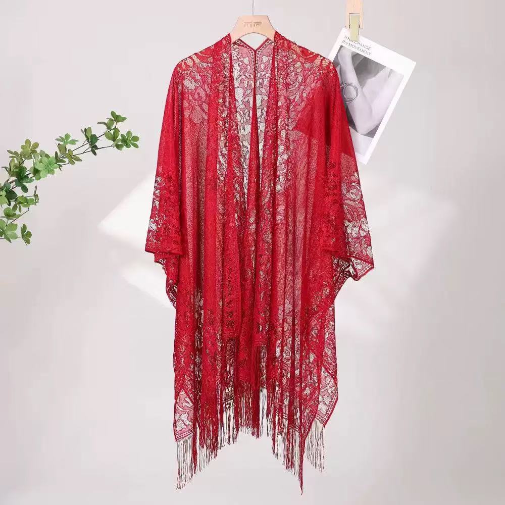 K1198 Chinese cheongsam shawl women's new style outerwear cardigan spring and summer thin temperament lace hollow tassel ancient style shawl