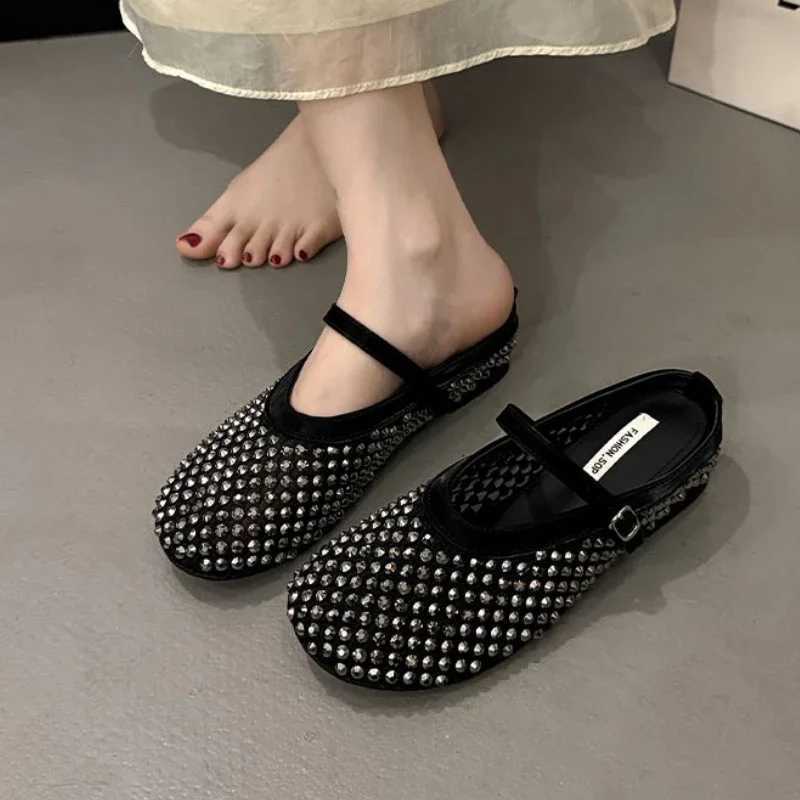 Women Flats Sandals Luxury Crystal Rhinestone Sandals Fishnet Ballet Woman Anti-slip Designer Rivet Studs Mesh Mary Jane Shoes M250702