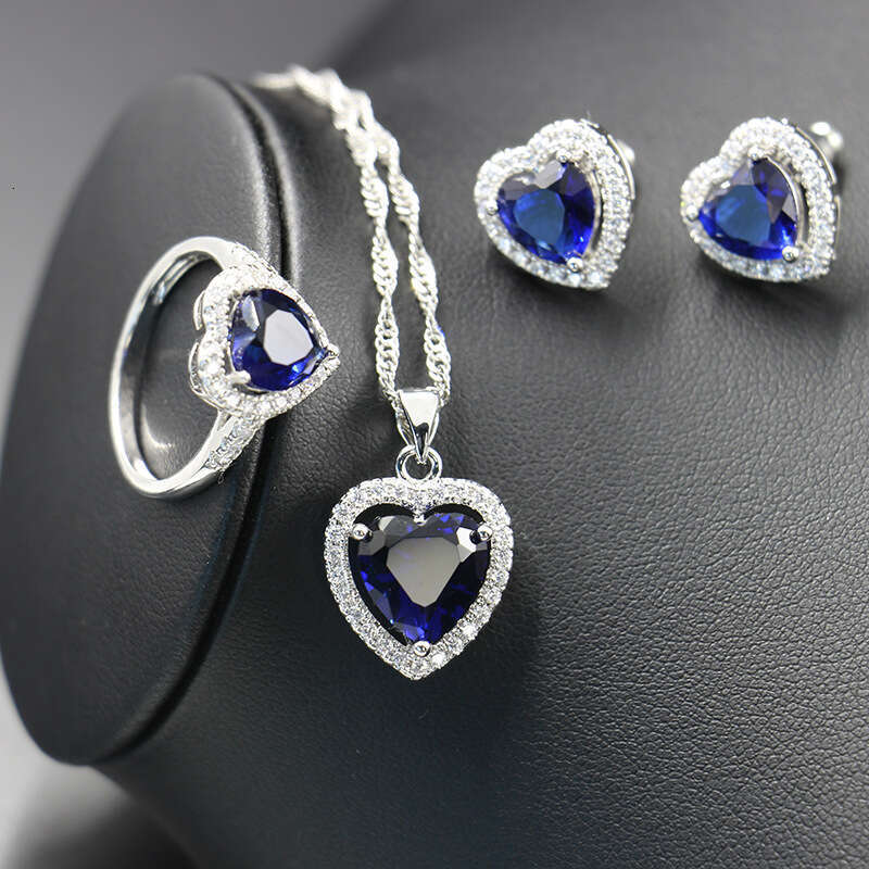 Ocean Set Blue Heart Necklace Inlaid with Zircon-Shaped Jewelry 0b3