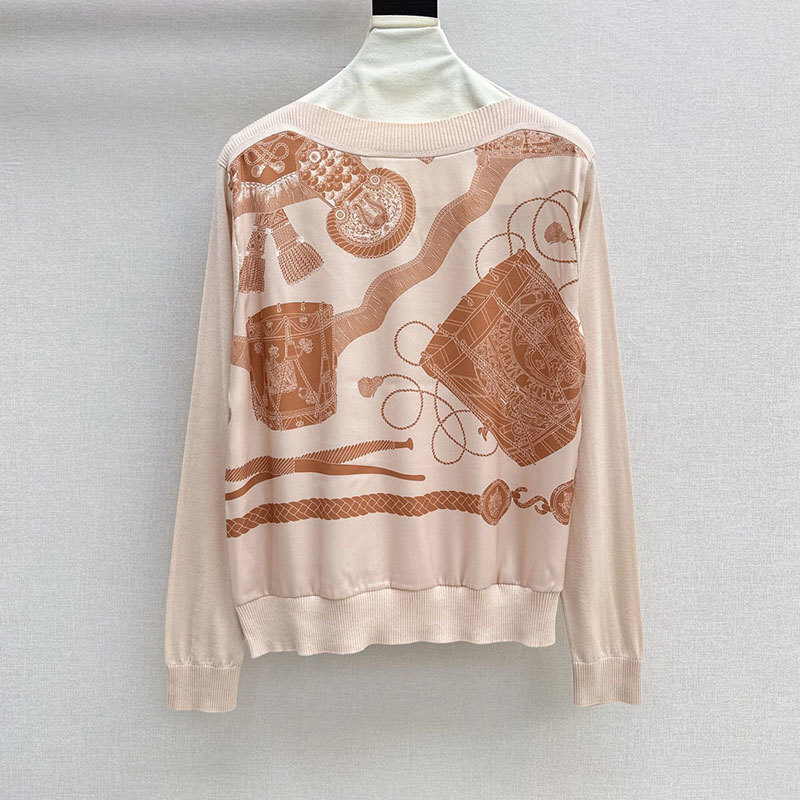Ladies Chain Print Viscose Knit Top Designer Long Sleeve Round Neck Oversized Silhouette Breathable Office-to-Outfit Luxury Clothes S0712