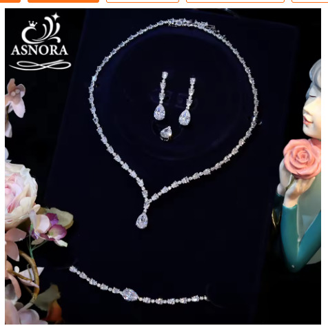 ASNORA High Quality Cubic Zirconia Bridal Wedding Jewelry Water Drop Necklace Lady Pendant Four Piece Set Party Accessories