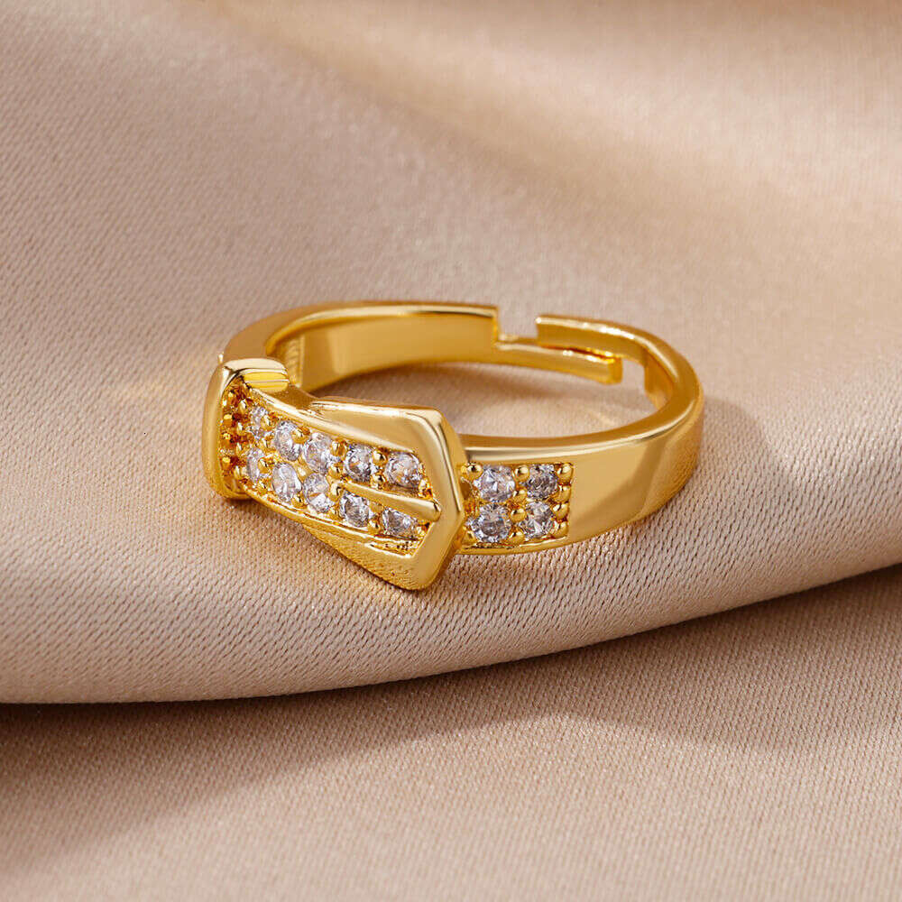 DHCollections European-Style Gold Buckle Ring Adjustable 18K Plated Crystal Band for Women