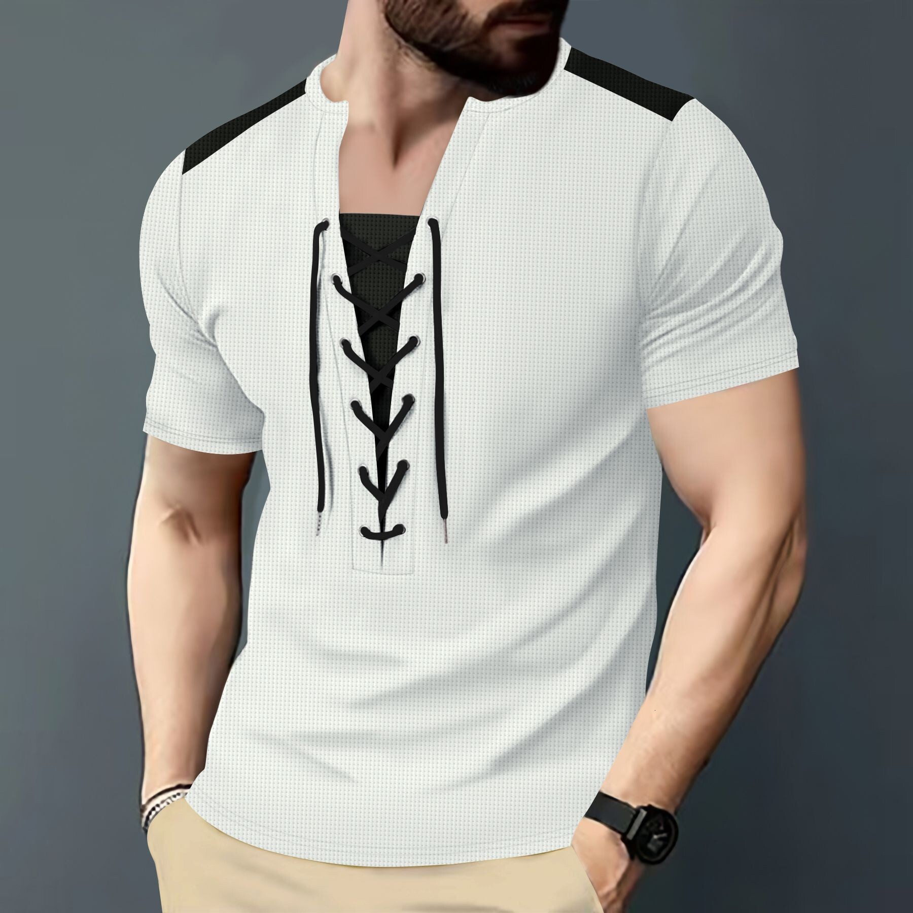 New Amazon Men's Waffle Texture Versatile Casual Color-block Patchwork Drawstring Designer T-shirt Summer Short Sleeves Crew Neck Short Sleeve T-