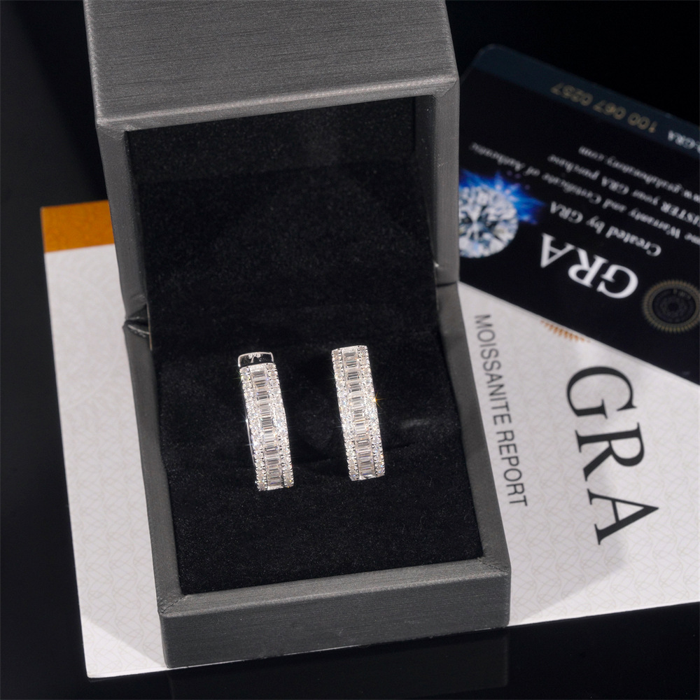 Fine Jewelry 925 Silver Hip Hop Gold Plated Iced Out Baguette Moissanite Diamond Hoop Earrings