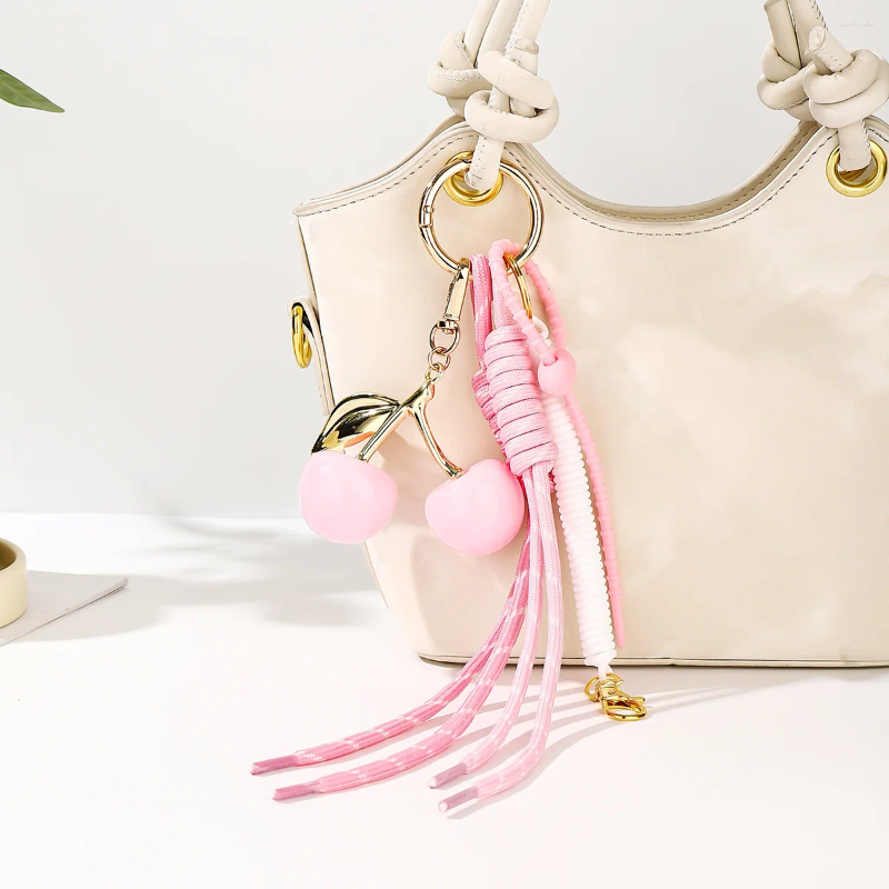 Keychains In Pink Cherry Bag Charm Braided Rope Woman Fashionable For Bags Pendant Accessories Gift