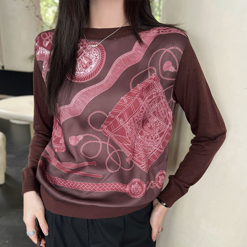 Ladies Chain Print Viscose Knit Top Designer Long Sleeve Round Neck Oversized Silhouette Breathable Office-to-Outfit Luxury Clothes S0712