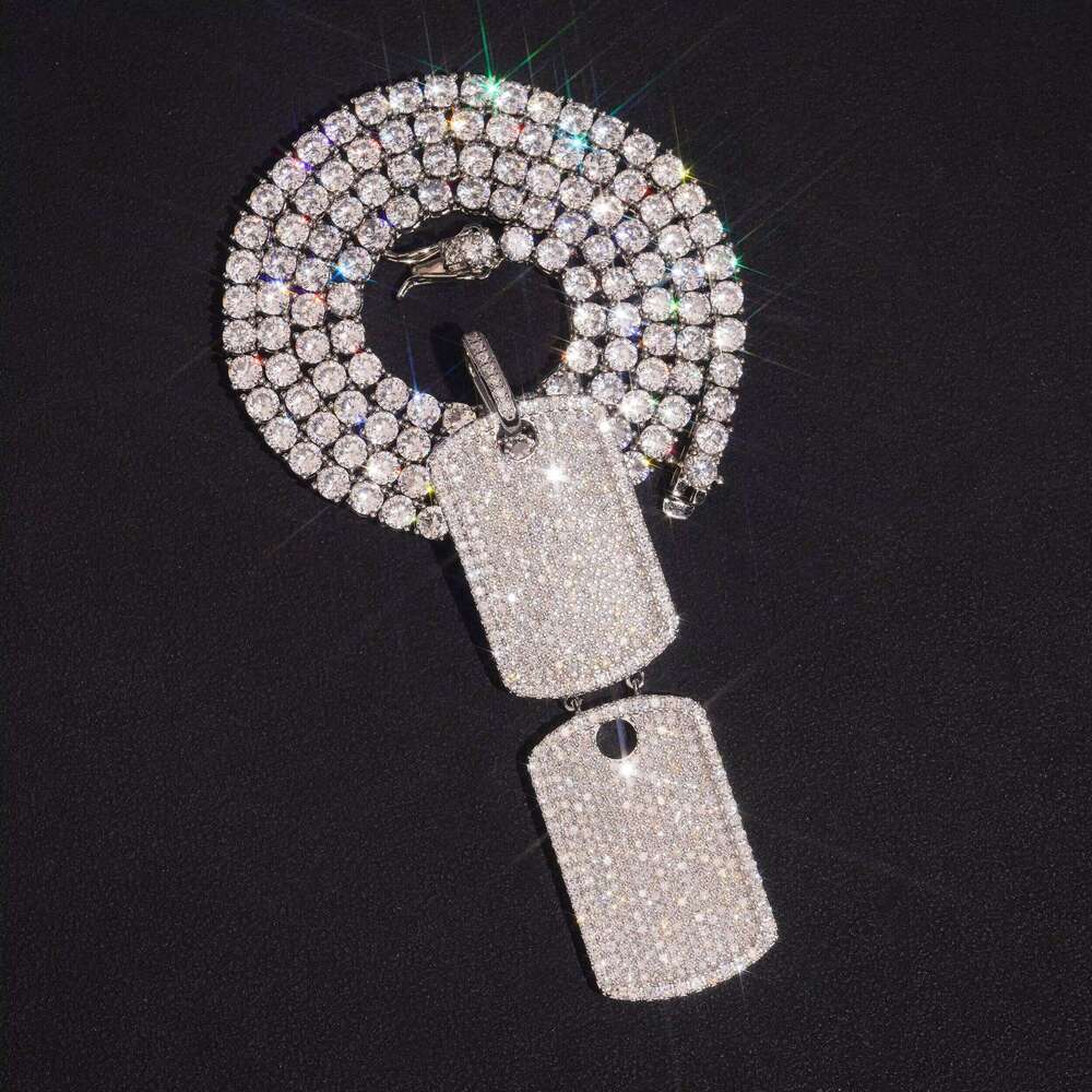 White Gold VVS Moissanite Dia Double Dog Tag Pendant Match 4MM Tennis Chain Necklace