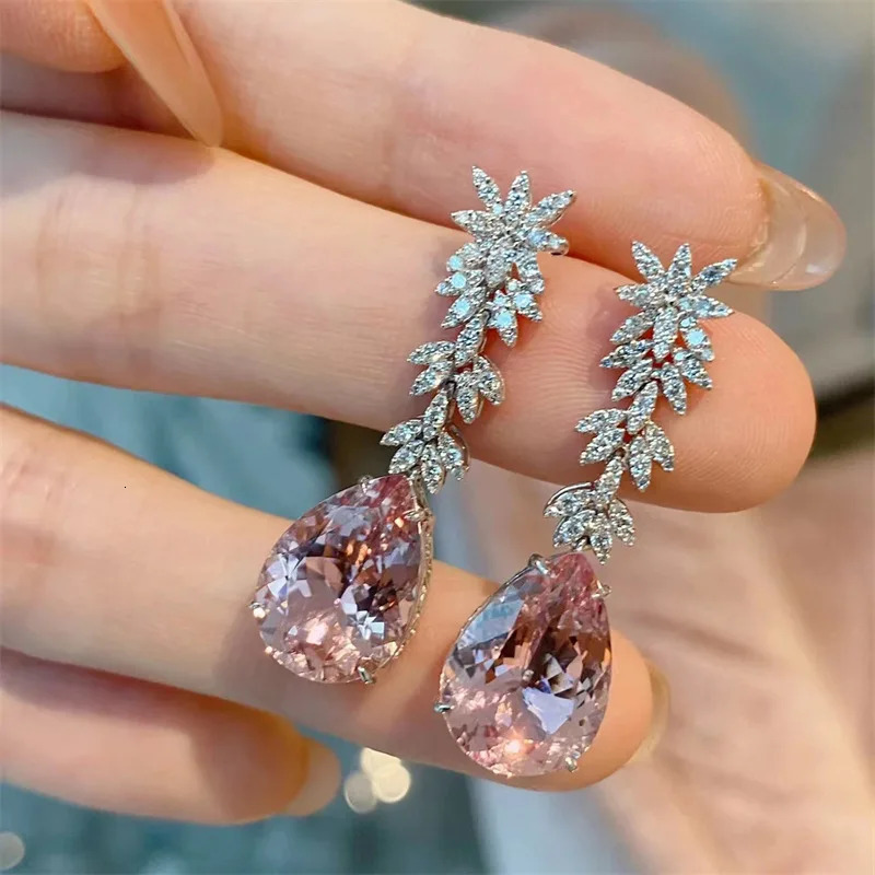 Korea Jewelry Pink Morganite Dia Water Drop Earrings Female Elegant Long Pendant Earring Trendy Dangler Fine Gift 250703