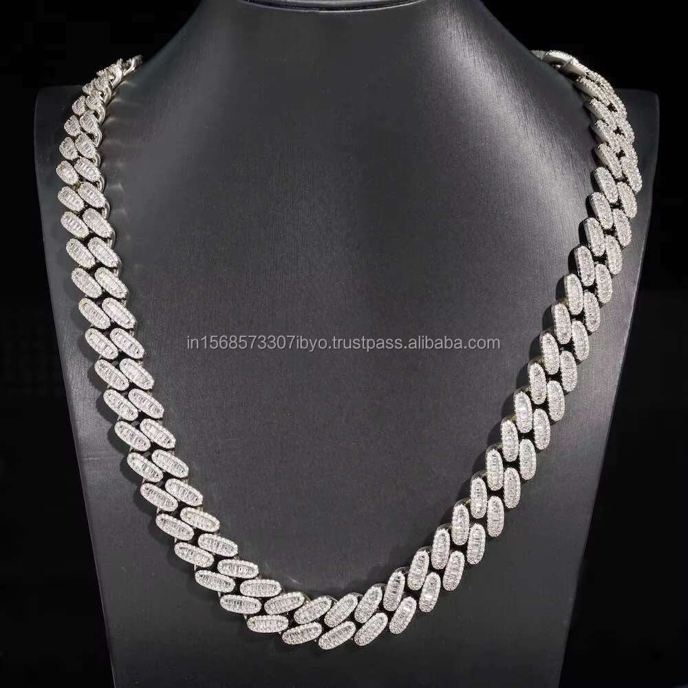 VVS1 D Color 15MM Baguette Miami Cuban Moissanite Diamond Cuban Link Chain 925 Sterling Silver Necklace for Sale