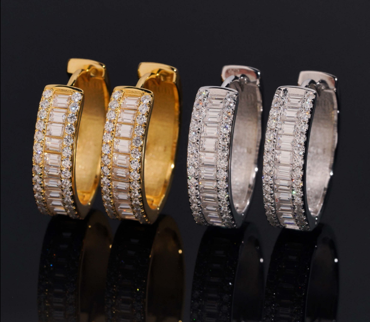 Fine Jewelry 925 Silver Hip Hop Gold Plated Iced Out Baguette Moissanite Diamond Hoop Earrings