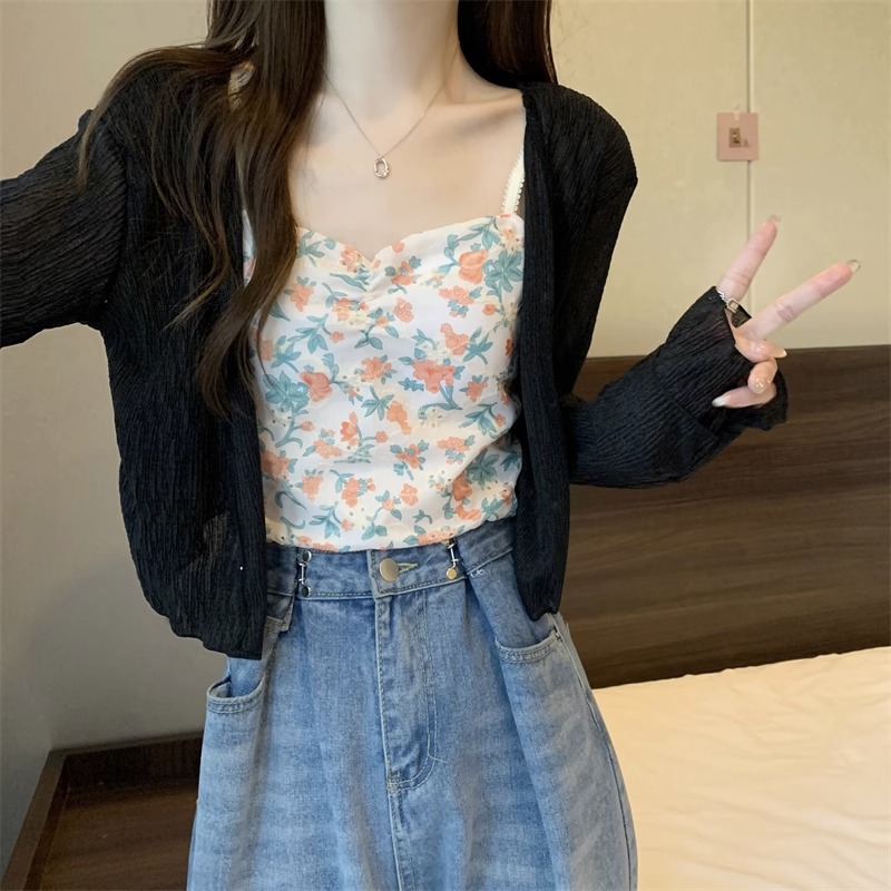 K1220 Ice silk sunscreen cardigan women's summer thin small shawl jacket with suspender skirt outer cover short top blouse