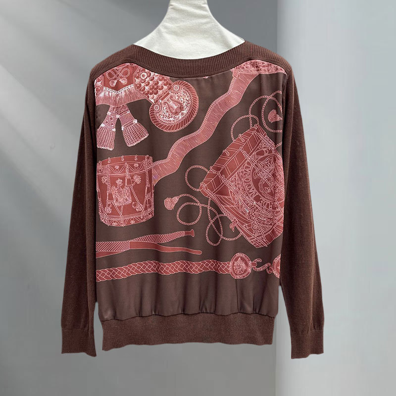 Ladies Chain Print Viscose Knit Top Designer Long Sleeve Round Neck Oversized Silhouette Breathable Office-to-Outfit Luxury Clothes S0712