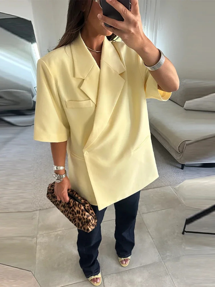 Fashion Solid Short Sleeve Lapel Blazer Jacket For Women Casual V Neck Covered Button Suit Office Lady Street Coats 250703