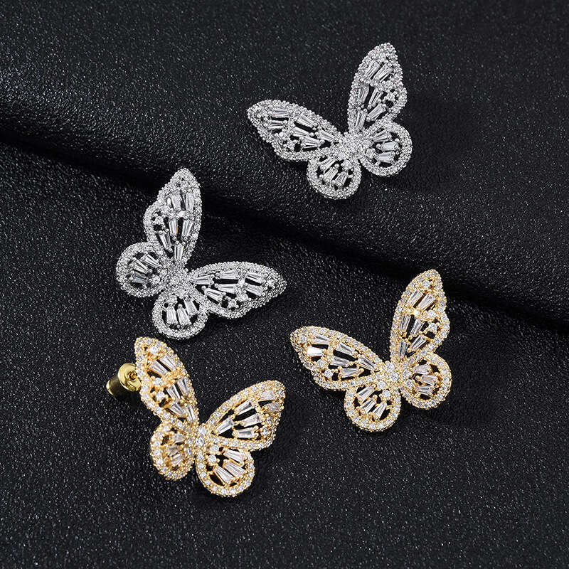 Luxurious Elegant Zircon Butterfly Stud Earrings for Women with High-end Feel, Real Gold Plating, and Sier Needle Studs c37