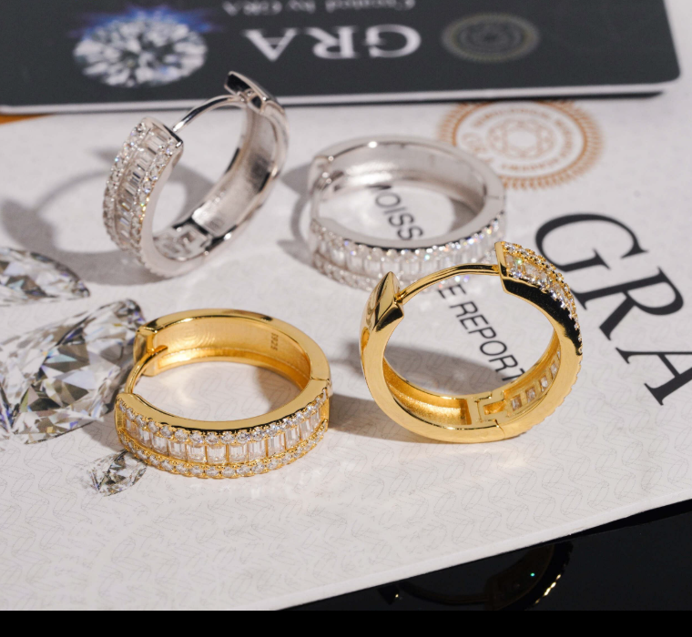 Fine Jewelry 925 Silver Hip Hop Gold Plated Iced Out Baguette Moissanite Diamond Hoop Earrings