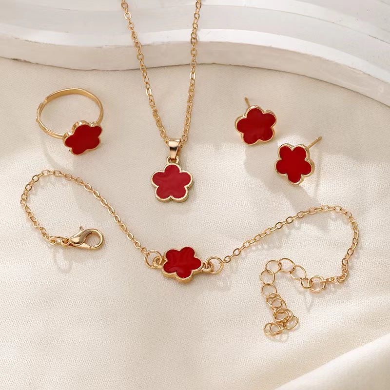 Five-Leaved Designs Jewelry Set For Women Simple Petal Necklace, Bracelet, Ring And EarStud 4-Piece Set
