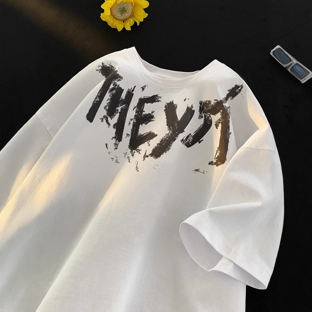 Letter Print Drop Designer Short Sleeves Shoulder Loose T-shirt For Men Summer American High Street Fashion Brand Versatile Five-quarter Sleeve Short 