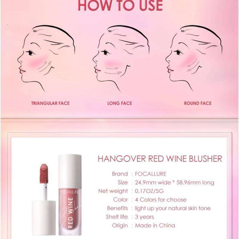 FOCALLURE Liquid Blusher 4 Colour Natual Face Long-lasting Matte Make Up Hangover Red Wine Blush korean Makeup X250703