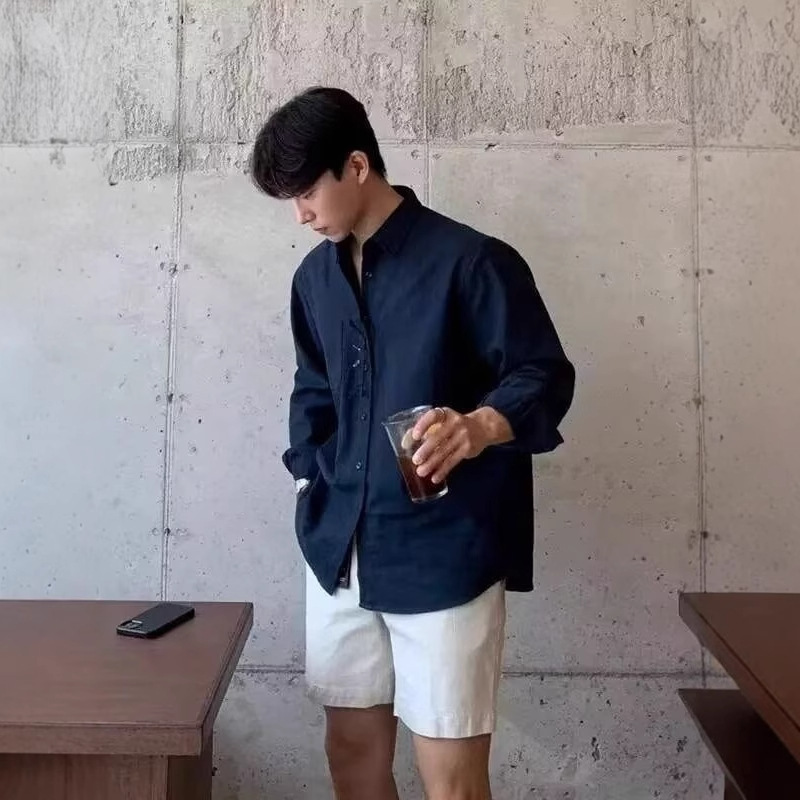 Long Sleeve for Men Summer Thin Trendy Brand Cool Street Non-Iron Linen Casual Shirt Lazy Style