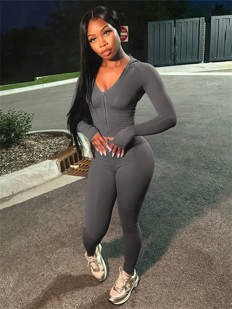 Nibber Sporty Casual 2 Piece Set Women Tracksuit Hooded Zip Crop TopsLeggings Fitness Soft Stretch Streetwear Activity Suit 250709