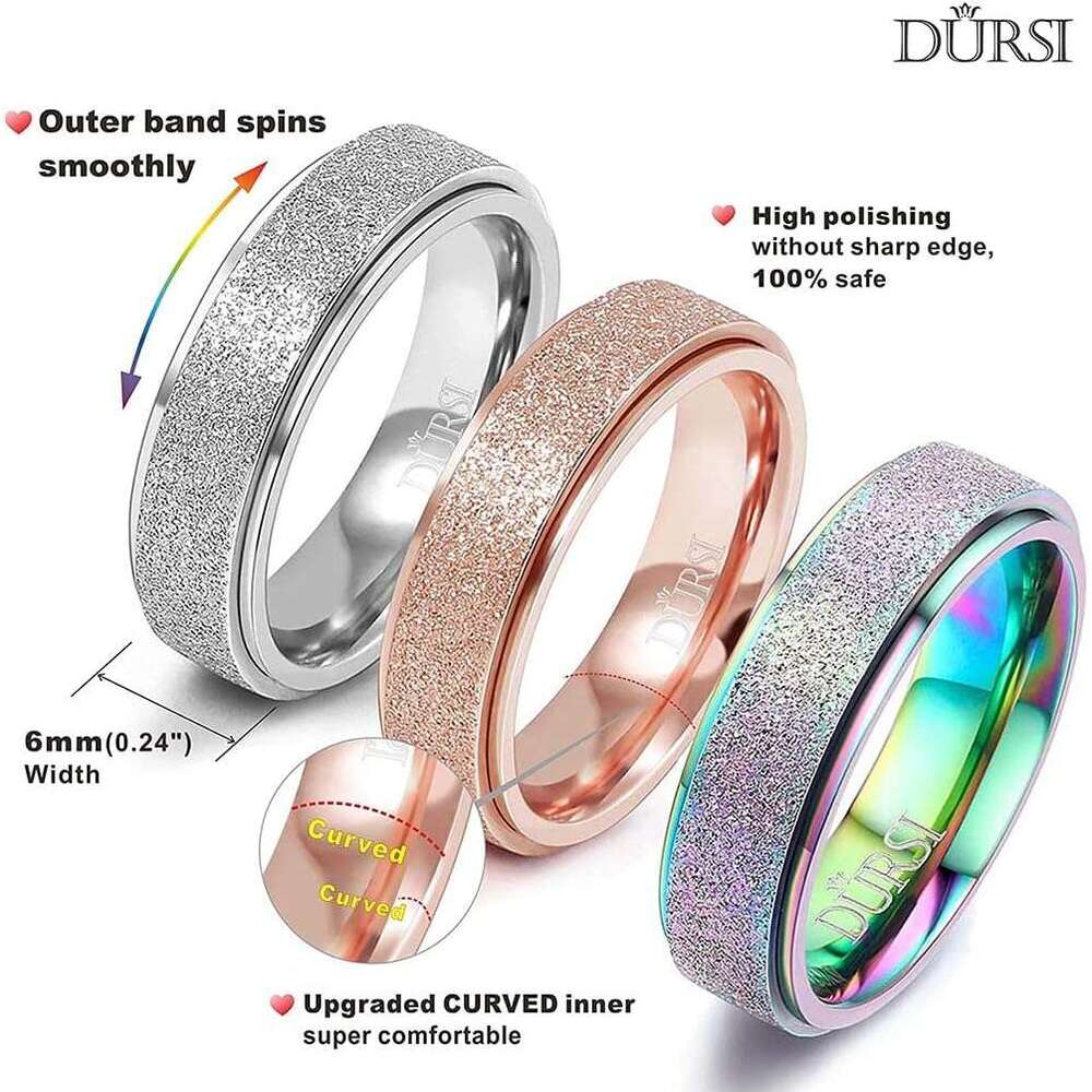 Spinner Women Men 3 Fashion Stainless Steel Fidget Ring for Anxiety Sand Blast Finish 6MM / 8MM /