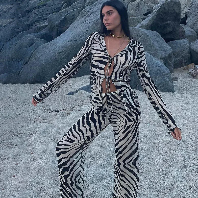 Cryptographic Animal Print Mesh Sheer Stripe Tie Front Detail Top Matching Sets Fashion Outfits 2 Piece Sets Holiday Beachwear 250709