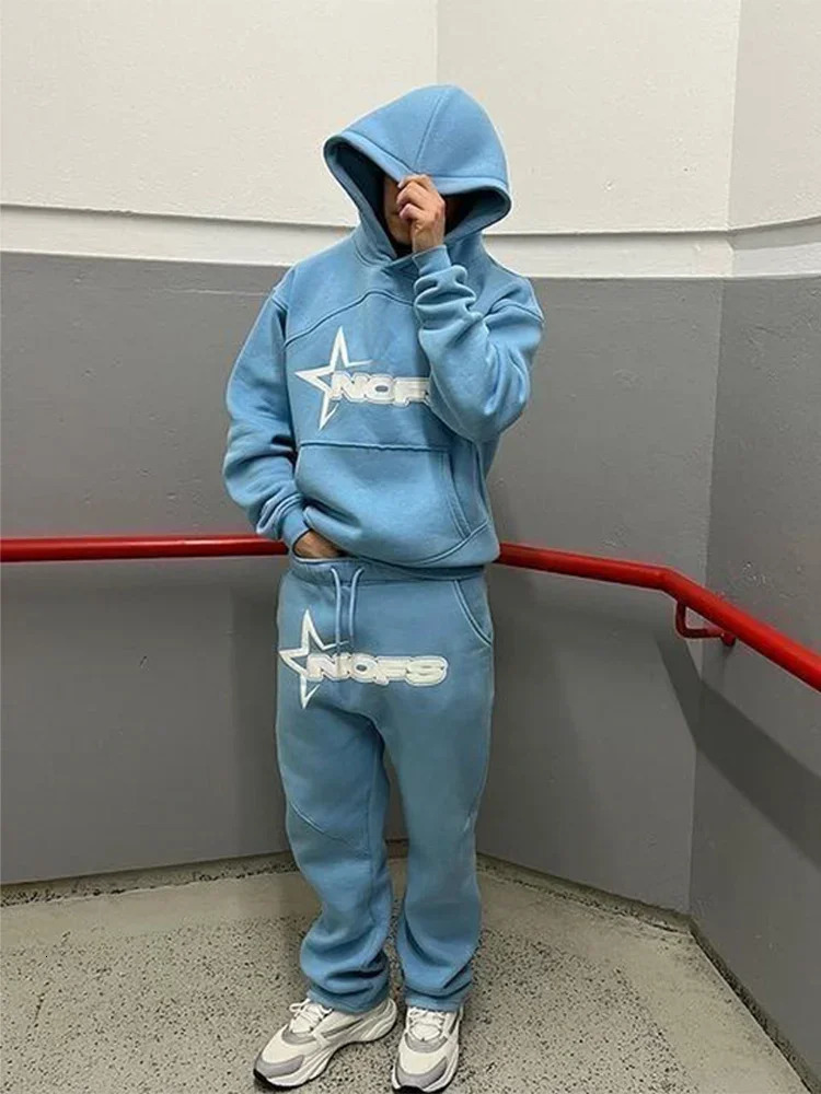 Trendy Kangaroo Pocket Hoodie And Sweatpants 2 Piece Set For Man Casual Letter Printed Outfits 2024 Elastic Waist Pants Suit 250625