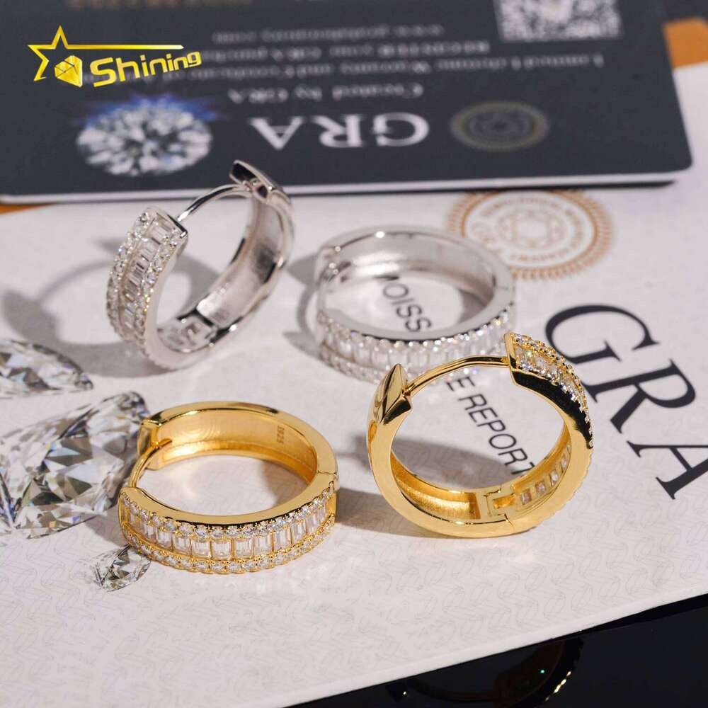Premium Jewelry Sier Hip-Hop Gold-Plated Iced Baguette Moissanite Hoop Earrings