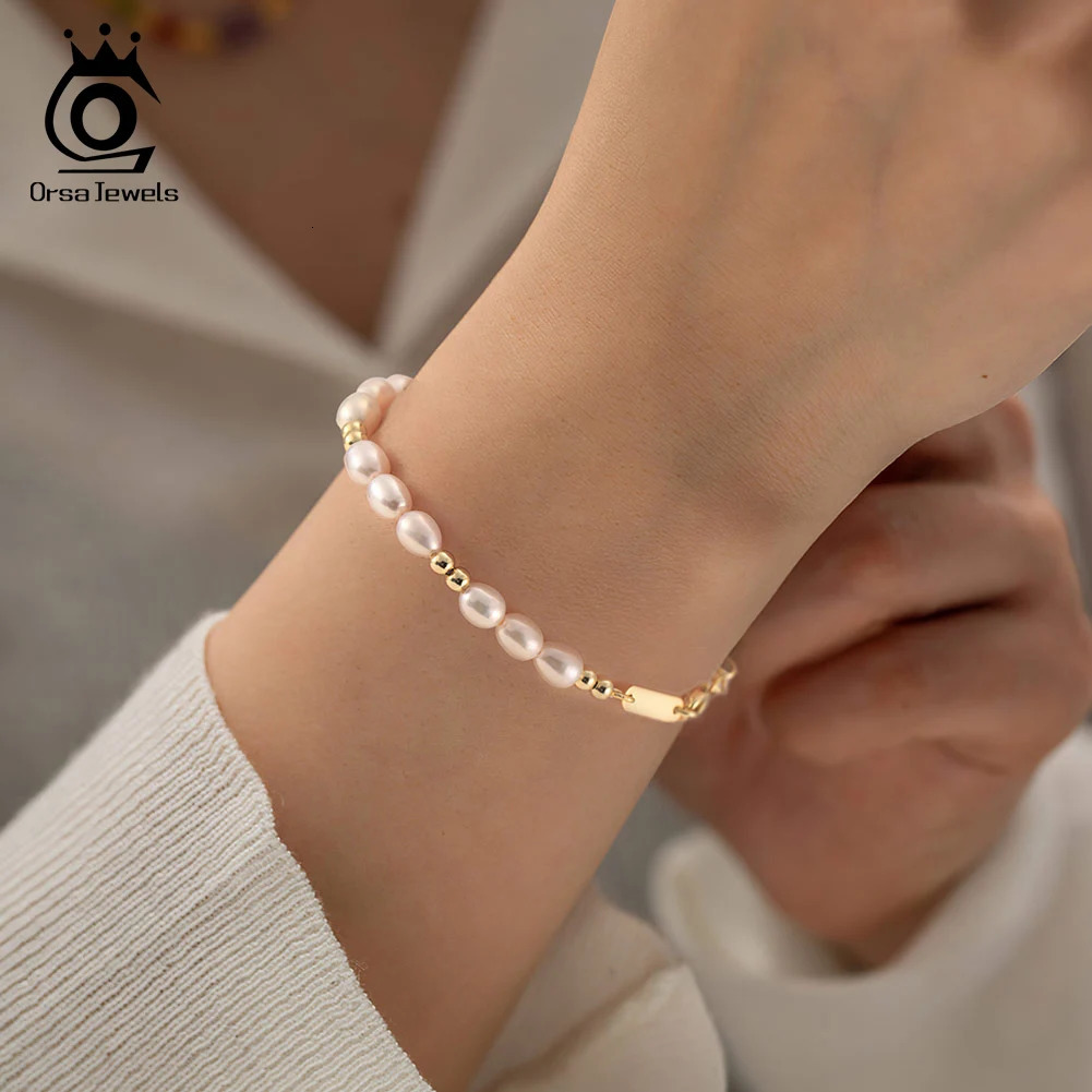 ORSA JEWELS Elegant 14K Gold Beads Bracelet 925 Sterling Silver Freshwater Pearl Chain Bracelets for Women Party Jewelry GPB36 250730