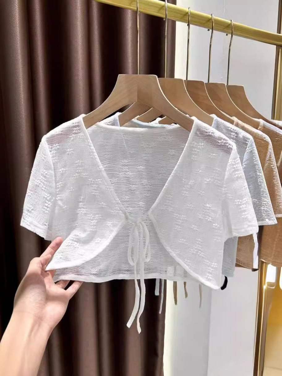 K1215 Lace-up short-sleeved cardigan for women in summer with skirt, shawl, outerwear, short shirt, small waistcoat, thin style