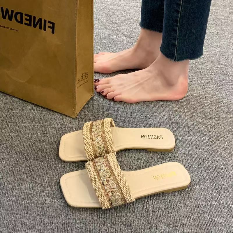 Sandals Summer Weave Flats Slippers Women Beach Dress Shoes 2024 New Designer Flip Flops Casual Shoes Walking Slides