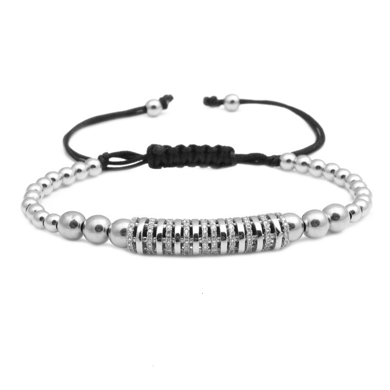European and American copper micro inlaid zircon bent tube bracelet, 4mm copper bead woven adjustable bracelet for men and women